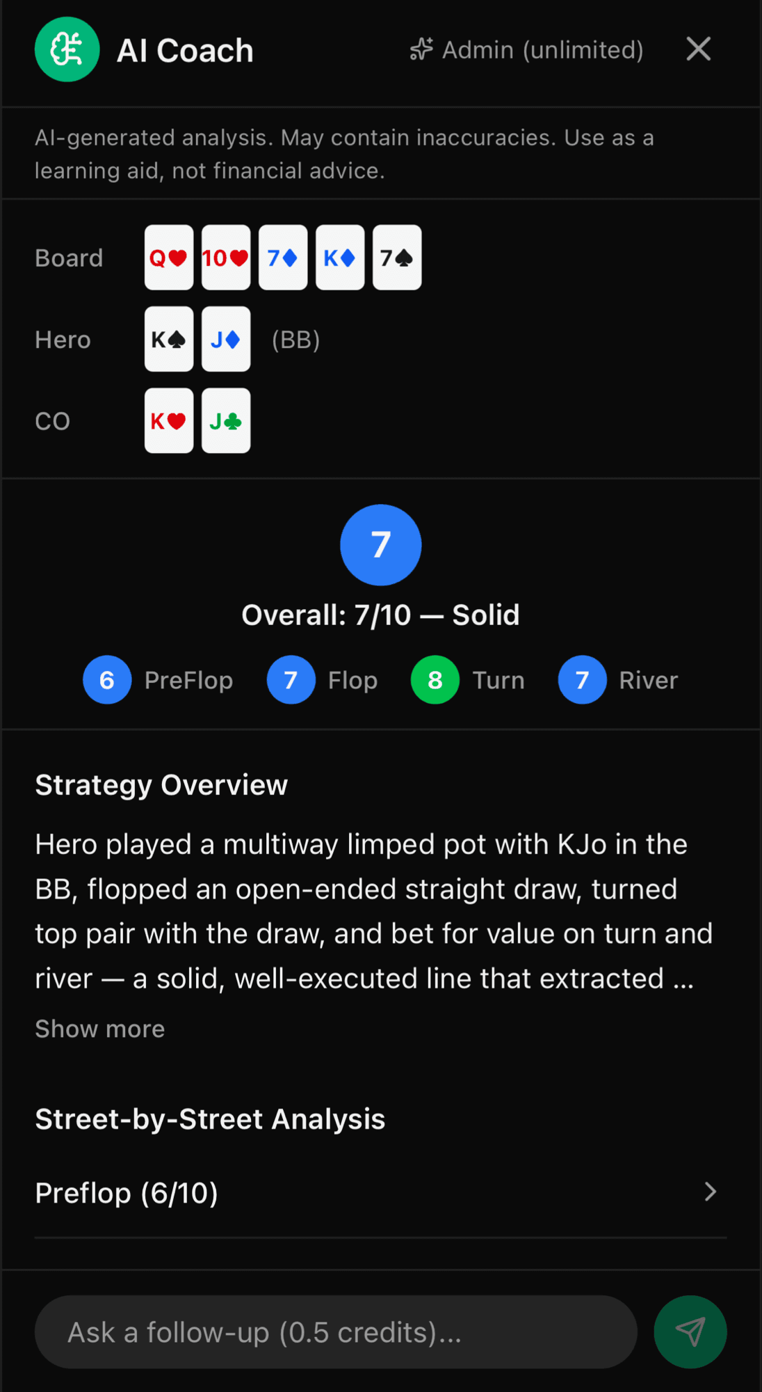 PokerInk AI Coach — per-hand analysis with overall score and strategy overview