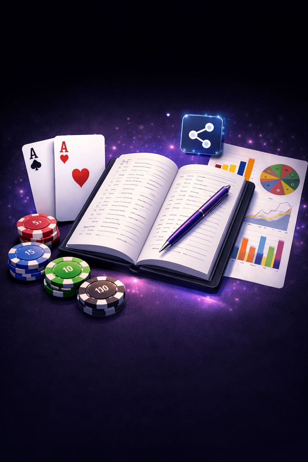 Poker cards, journal and chips