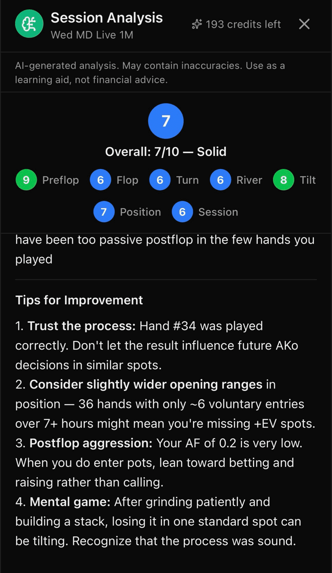 PokerInk Session Analysis — overall score, per-street breakdown, and AI tips for improvement